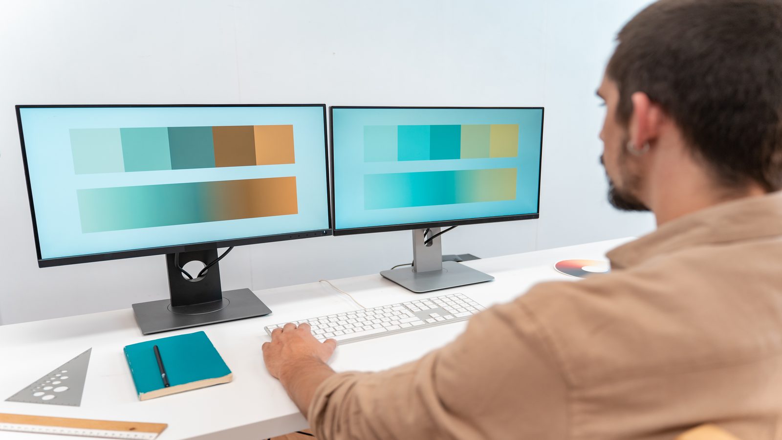Split-screen showing a desktop WYSIWYG HTML editor and a browser-based editor side by side